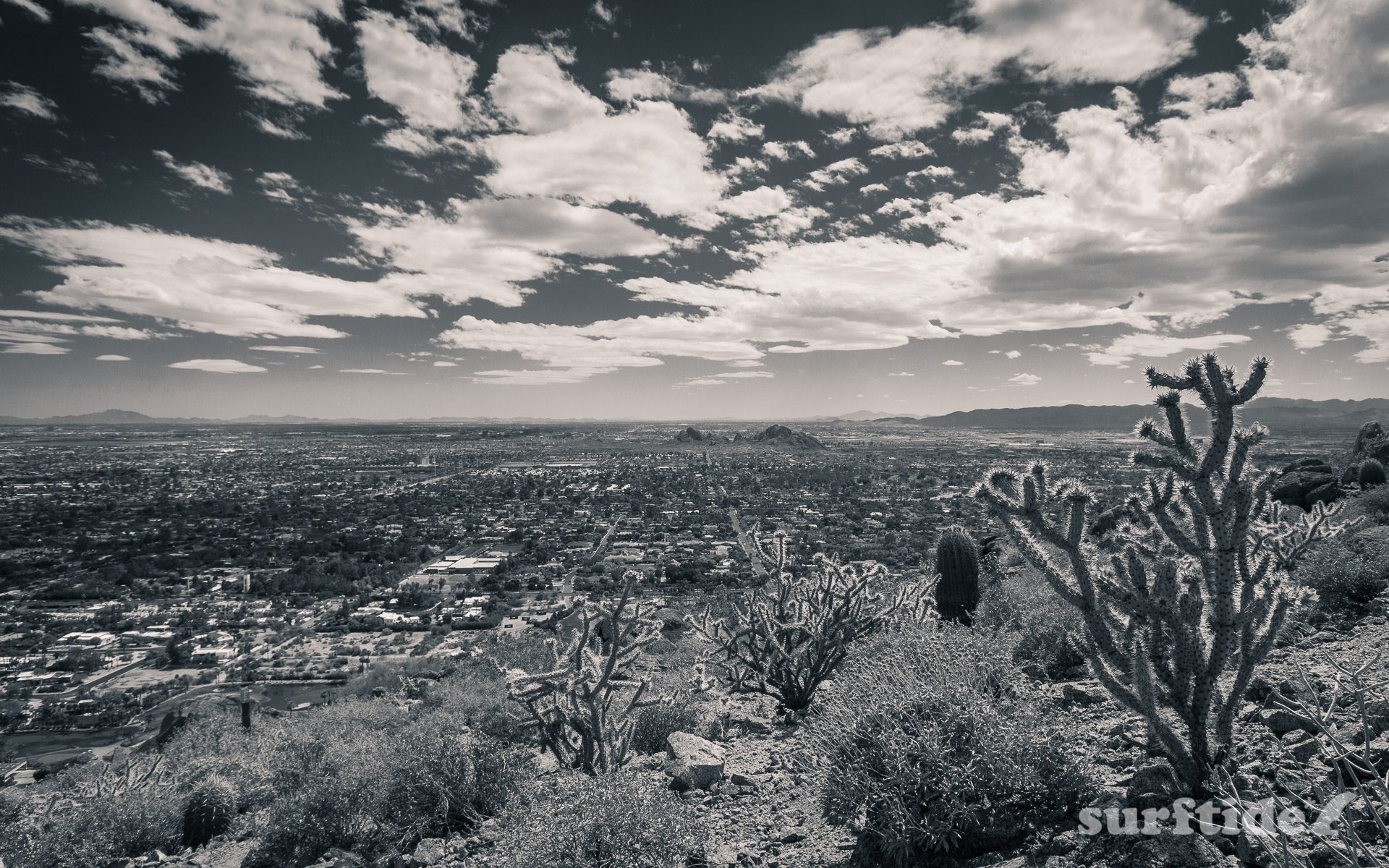 Black & white photo of the view from Camelback Mountain, Phoenix