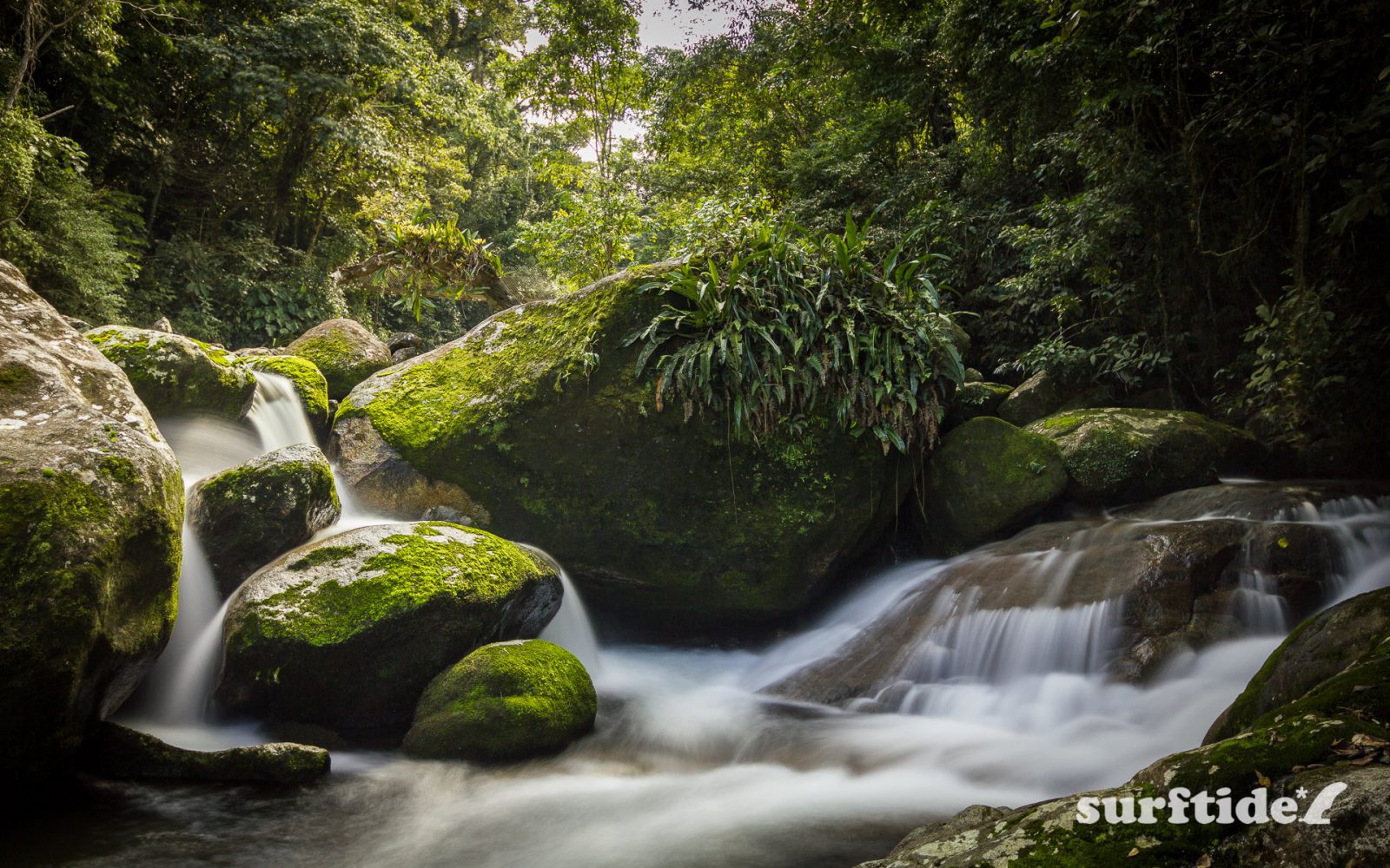Long exposure photo of water cascading over moss-covered rocks at Cachoeira da Laje, Ilhabela in Brazil