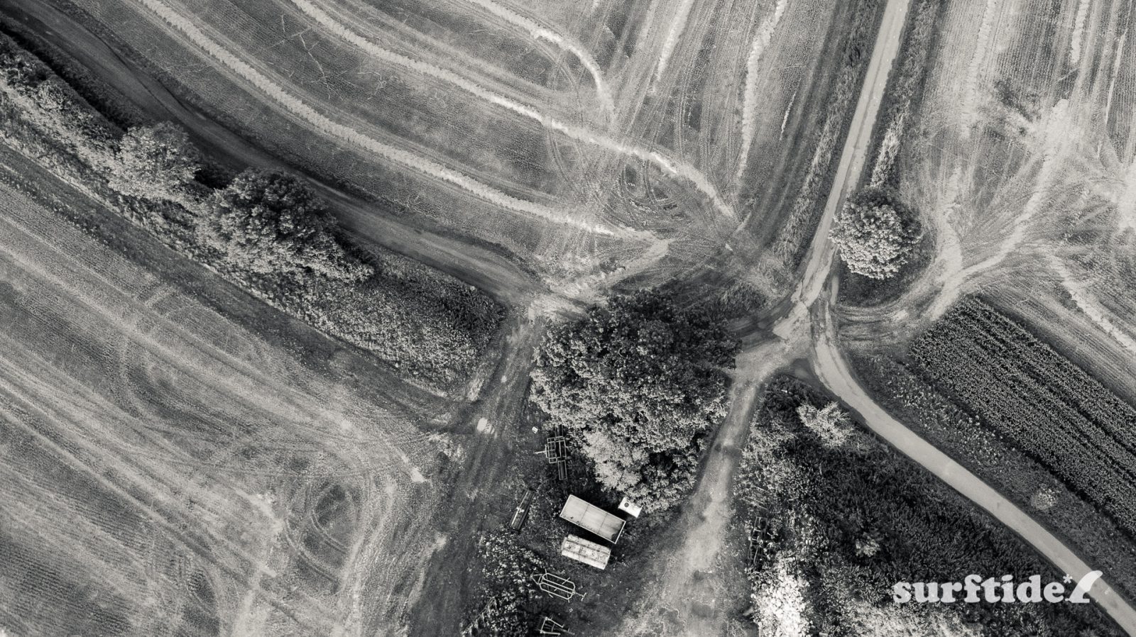High definition, black and white aerial photo of Mallows Green Farm in Essex