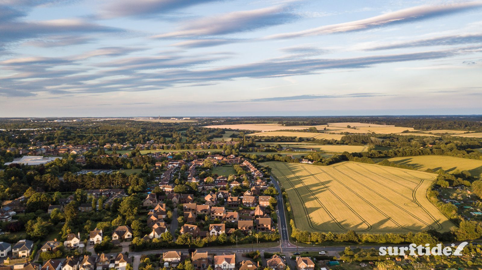 Aerial view of sunset over the farmers fields in Bishops Stortford, Hertfordshire