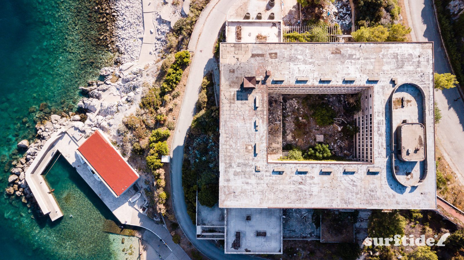 Aerial view of a bombed and abandoned hotel in the Kupari resort, southern Croatia