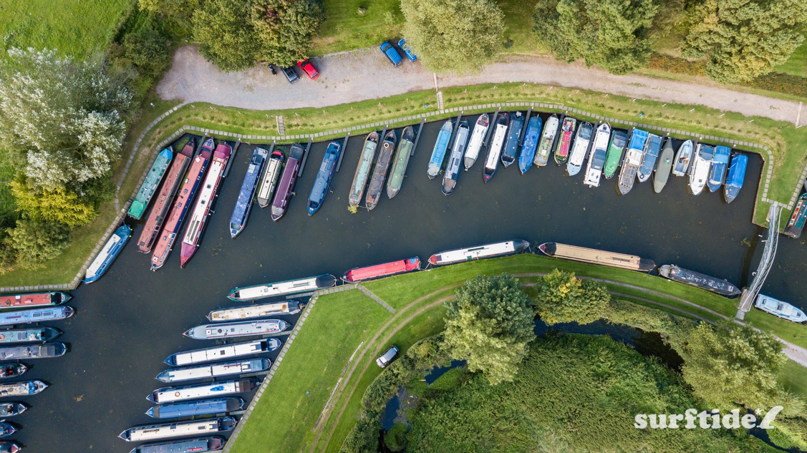 Aerial view of the long boats all lined up at Hallingbury marina in Essex