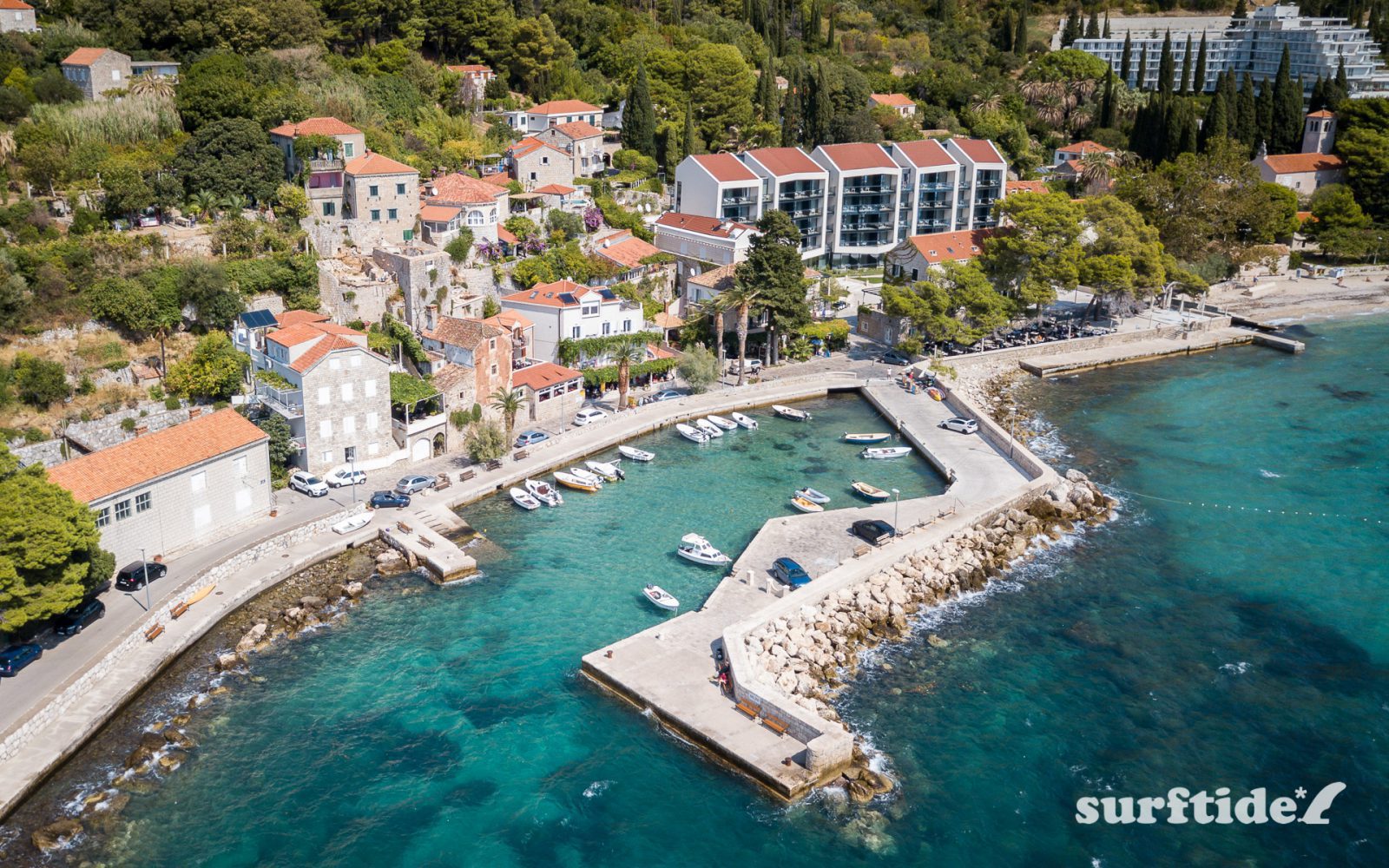 Aerial photo of the small harbour in the coastal town of Mlini in southern Croatia