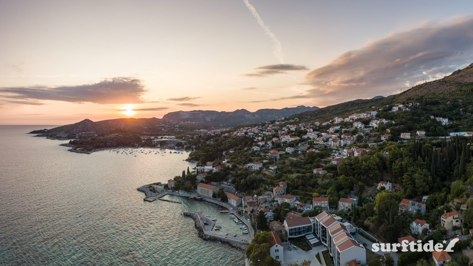 High dynamic range photo of Croatian villages of Mlini, Srebreno and Kupari at sunset