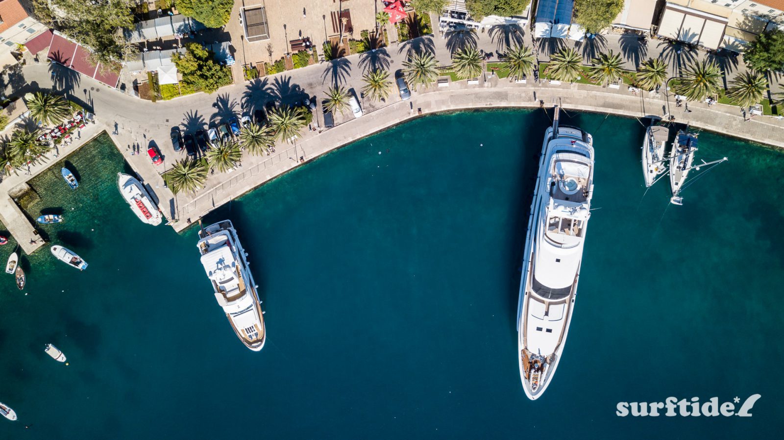 Aerial photo of the magnificent yachts in Cavtat harbour, southern Croatia