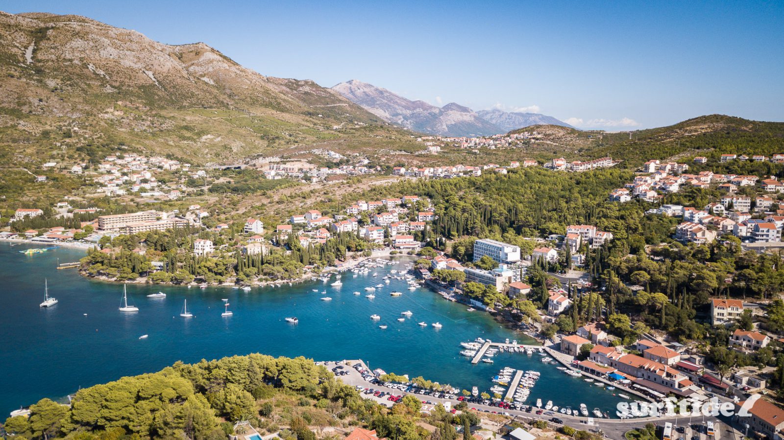Aerial photo of the small coastal town of Cavtat and surrounding mountains in southern Croatia