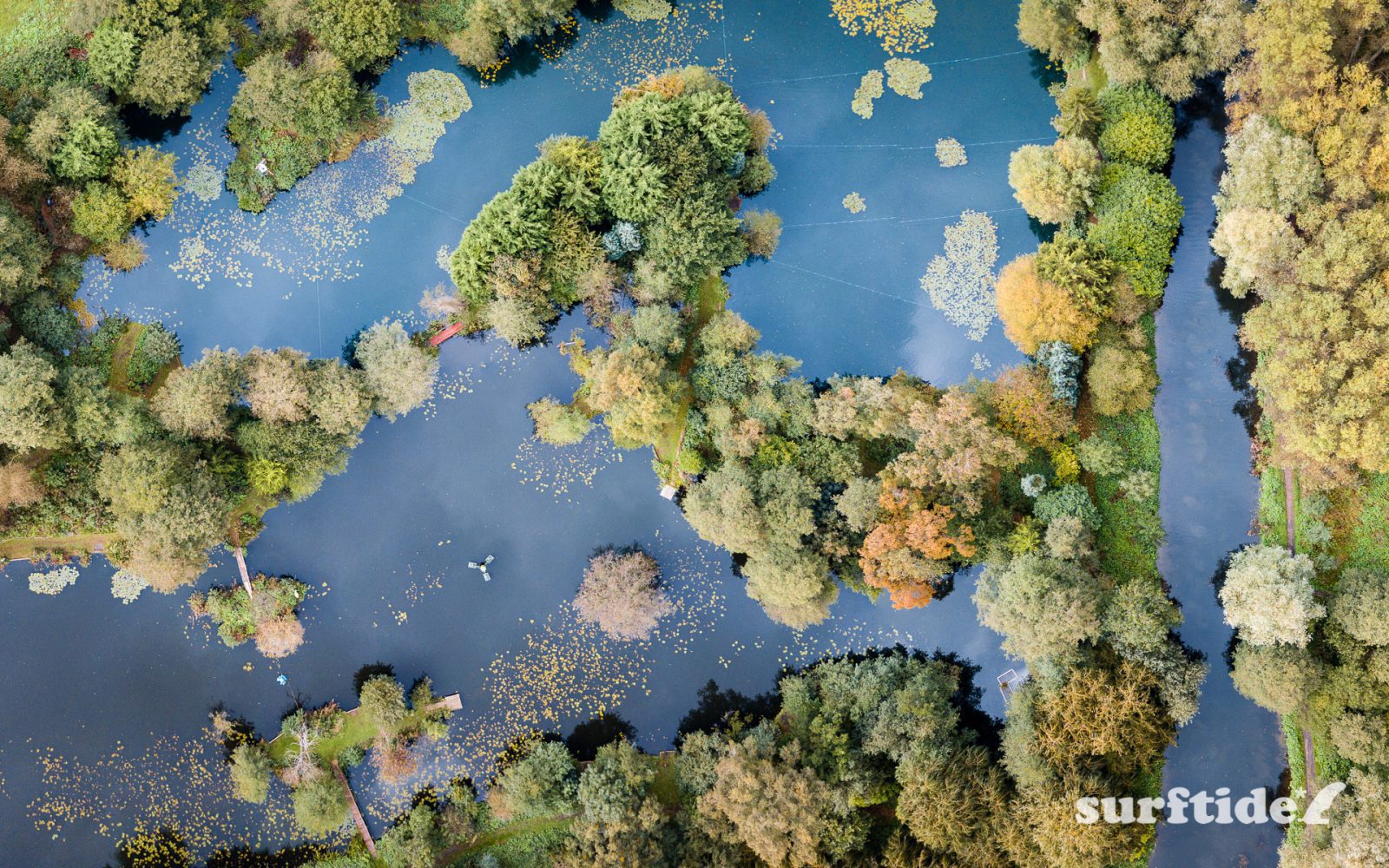 Aerial photo of the autumn colours over the River Stort, Bishops Stortford, England