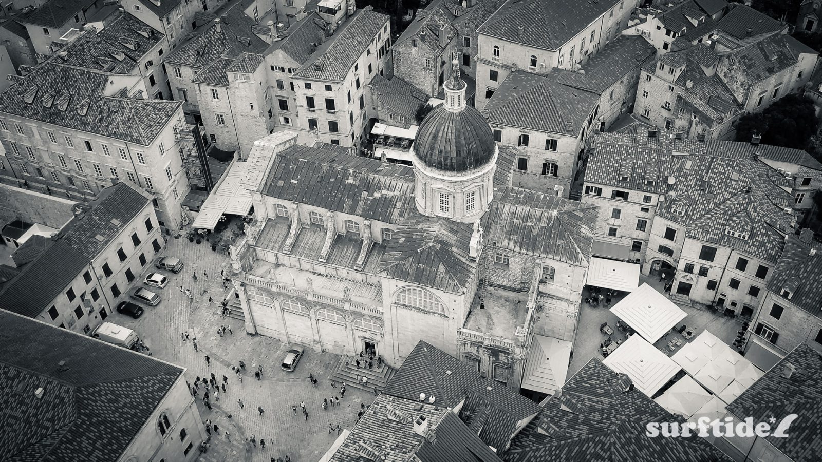 Black and white aerial photo of Dubrovnik Cathedral in Southern Croatia