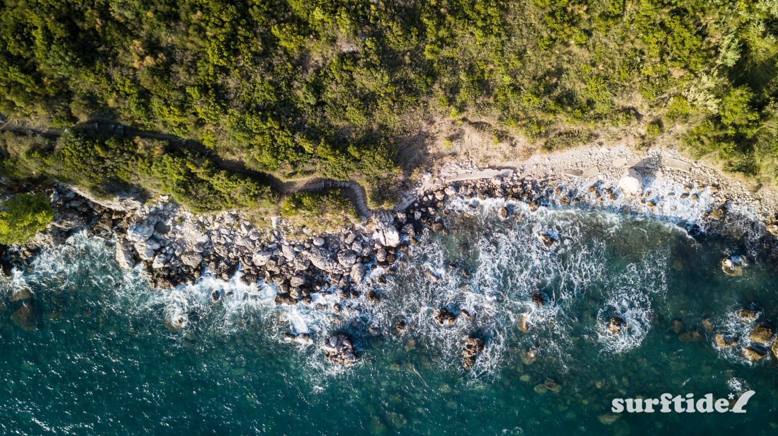 Aerial photo showing the sea, rocks and forest along the coastline of Soline in Southern Croatia