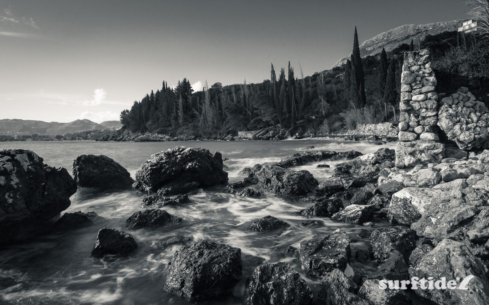 Black and white photo of the Soline coastline in southern Croatia