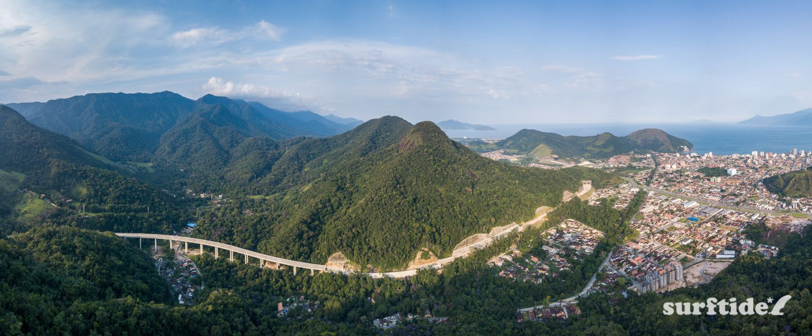 Aerial photo showing the panoramic view of the city of Caraguatatuba in Brazil