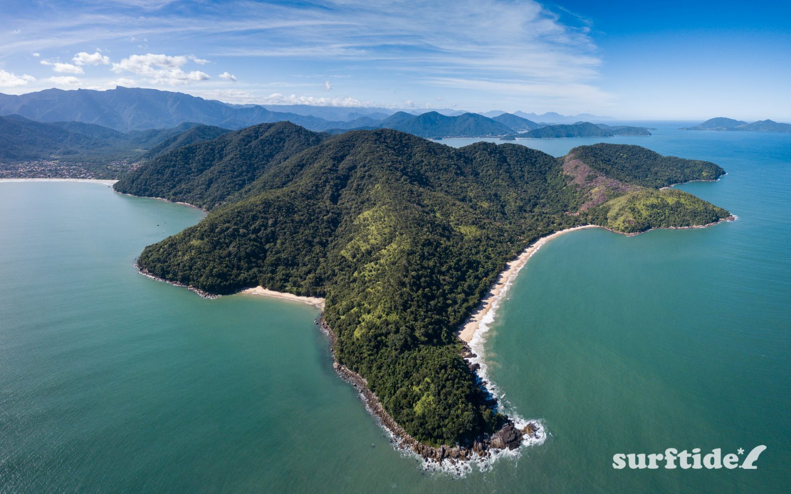 Panoramic photo of the tropical Brazilian coastline at Praia do Bonete, Ubatuba, Brazil