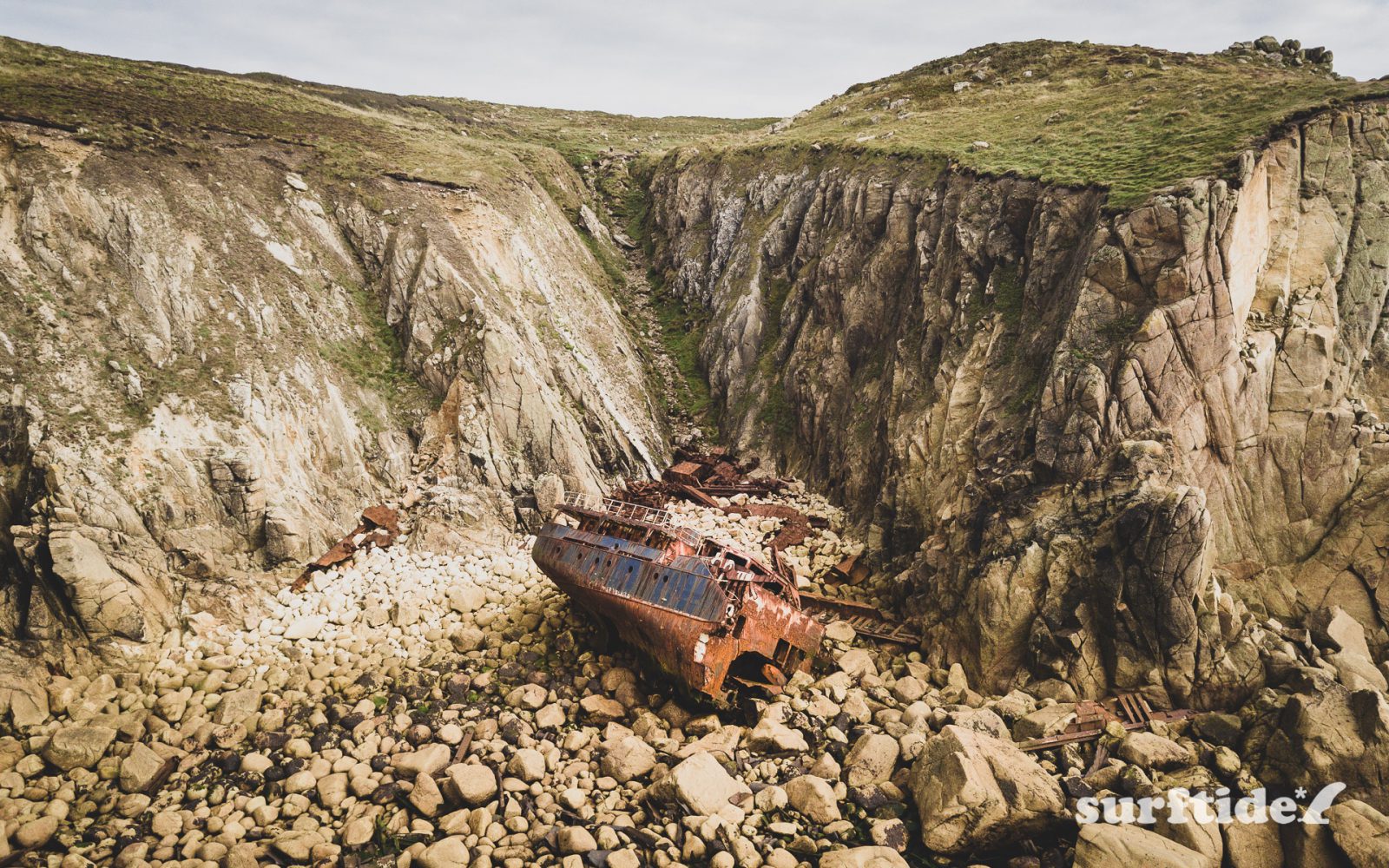 Aerial photo of the shipwrecked RMS Mulheim, Cornwall, England